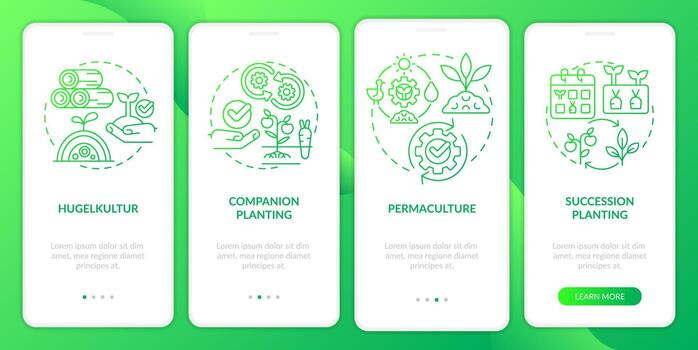 Methods of gardening green gradient onboarding mobile app screen. Planting walkthrough 4 steps graphic instructions with linear concepts. UI, UX, GUI template vector