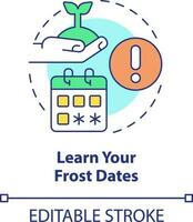 Learn your frost dates concept icon. Know season temperature. Gardening tip abstract idea thin line illustration. Isolated outline drawing. Editable stroke vector