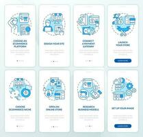 Online shop management blue onboarding mobile app screen set. Startup walkthrough 4 steps editable graphic instructions with linear concepts. UI, UX, GUI template vector
