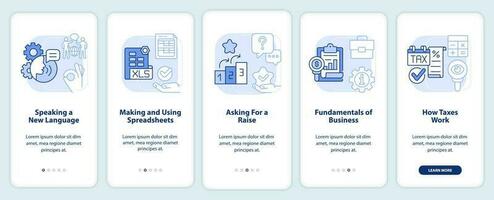 Experiences light blue onboarding mobile app screen. Job and career walkthrough 5 steps editable graphic instructions with linear concepts. UI, UX, GUI template vector