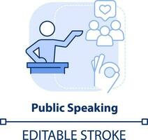 Public speaking light blue concept icon. Essential life skill abstract idea thin line illustration. Motivational speaker. Isolated outline drawing. Editable stroke vector