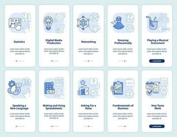 Skills for life light blue onboarding mobile app screen set. Walkthrough 5 steps editable graphic instructions with linear concepts. UI, UX, GUI template vector