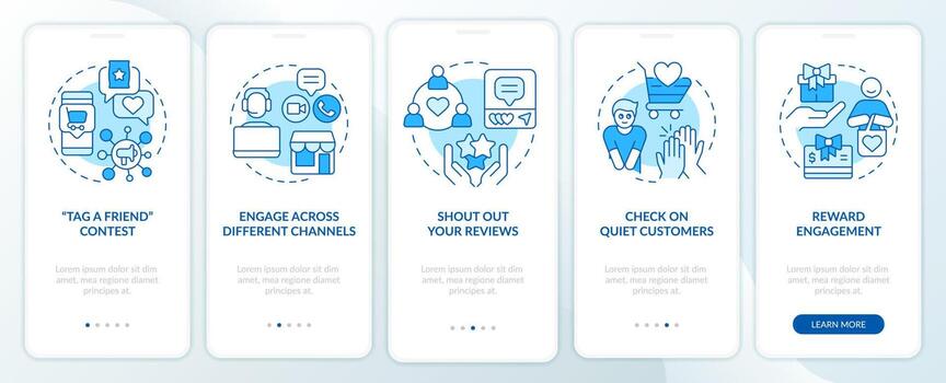 cliente compromiso estrategias azul inducción móvil aplicación pantalla. recorrido 5 5 pasos editable gráfico instrucciones con lineal conceptos. ui, ux, gui modelo vector