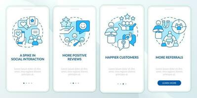 Tracking customer engagement blue onboarding mobile app screen. Walkthrough 4 steps editable graphic instructions with linear concepts. UI, UX, GUI template vector