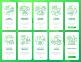Gardening methods green gradient onboarding mobile app screen set. Planting walkthrough 5 steps graphic instructions with linear concepts. UI, UX, GUI template vector