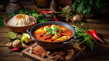 Highlight Image of Thai Red Curry Dish Bowl with Rice and Salad on Rustic Table. . photo