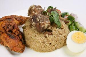 Beef Biryani Tehari with boiled egg coriander leaf garnish chicken curry pot roasted leg tomato cucumber onion chili coriander salad on white plate set over white background photo