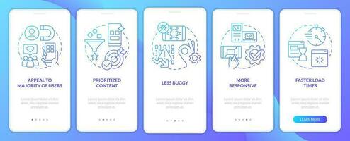 Advantages of mobile first design blue gradient onboarding mobile app screen. Walkthrough 5 steps graphic instructions with linear concepts. UI, UX, GUI template vector