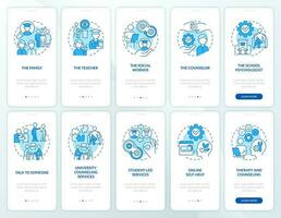 Student mental health awareness blue onboarding mobile app screen set. Walkthrough 5 steps editable graphic instructions with linear concepts. UI, UX, GUI template vector