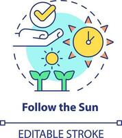 Follow sun concept icon. Sunlight for plants. Gardening recommendation abstract idea thin line illustration. Isolated outline drawing. Editable stroke vector