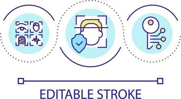 biométrico autenticación lazo concepto icono. la seguridad cibernética proceso resumen idea Delgado línea ilustración. huellas dactilares, voz y rostro. aislado contorno dibujo. editable carrera vector