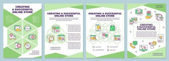 Creating successful online store green brochure template. Leaflet design with linear icons. Editable 4 vector layouts for presentation, annual reports