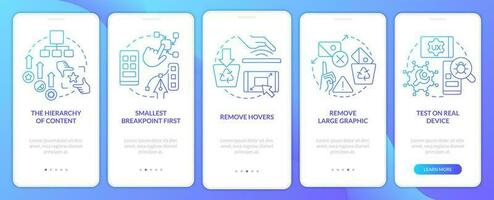 Mobile first design process blue gradient onboarding mobile app screen. Walkthrough 5 steps graphic instructions with linear concepts. UI, UX, GUI template vector