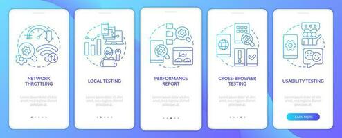 Mobile first design testing blue gradient onboarding mobile app screen. Walkthrough 5 steps graphic instructions with linear concepts. UI, UX, GUI template vector