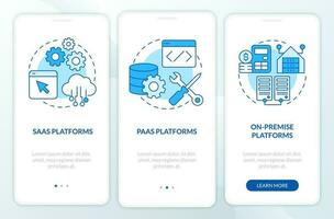 Types of ecommerce platforms blue onboarding mobile app screen. Walkthrough 3 steps editable graphic instructions with linear concepts. UI, UX, GUI template vector