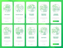 Gardening tips green gradient onboarding mobile app screen set. Horticulture walkthrough 5 steps graphic instructions with linear concepts. UI, UX, GUI template vector