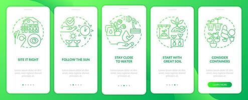 Gardening tips green gradient onboarding mobile app screen. Successful planting walkthrough 5 steps graphic instructions with linear concepts. UI, UX, GUI template vector