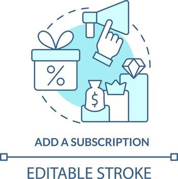 Add subscription turquoise concept icon. Regular purchase. Optimizing online business abstract idea thin line illustration. Isolated outline drawing. Editable stroke vector