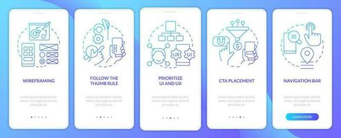 Mobile website development blue gradient onboarding mobile app screen. Walkthrough 5 steps graphic instructions with linear concepts. UI, UX, GUI template vector