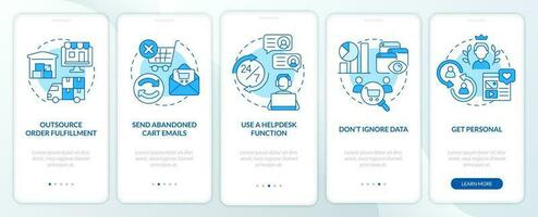 Online store management tips blue onboarding mobile app screen. Walkthrough 5 steps editable graphic instructions with linear concepts. UI, UX, GUI template vector