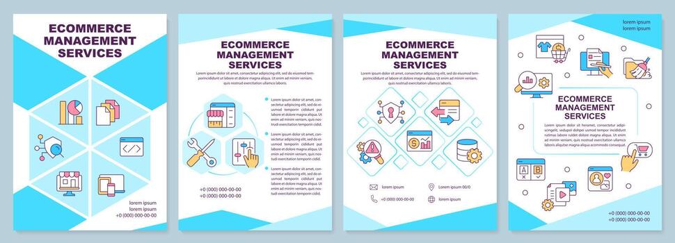 Ecommerce management services turquoise brochure template. Leaflet design with linear icons. Editable 4 vector layouts for presentation, annual reports