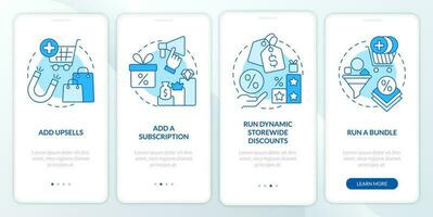 Optimizing online business blue onboarding mobile app screen. Walkthrough 4 steps editable graphic instructions with linear concepts. UI, UX, GUI template vector