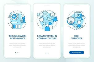 Employee burnout results blue onboarding mobile app screen. Exhaustion walkthrough 3 steps editable graphic instructions with linear concepts. UI, UX, GUI template vector