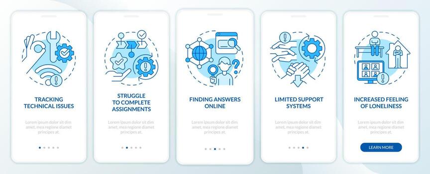 Coping with online learning stress blue onboarding mobile app screen. Walkthrough 5 steps editable graphic instructions with linear concepts. UI, UX, GUI template vector