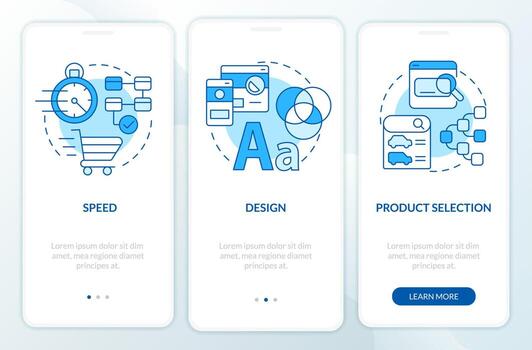 Ecommerce customer requirements blue onboarding mobile app screen. Walkthrough 3 steps editable graphic instructions with linear concepts. UI, UX, GUI template vector