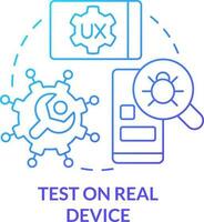 Test on real device blue gradient concept icon. Errors research. Mobile first design process abstract idea thin line illustration. Isolated outline drawing vector