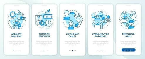 Increase school lunch participation blue onboarding mobile app screen. Walkthrough 5 steps editable graphic instruction with linear concepts. UI, UX, GUI template vector