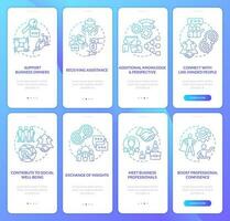 Networking profits blue gradient onboarding mobile app screen set. Walkthrough 4 steps graphic instructions with linear concepts. UI, UX, GUI template vector