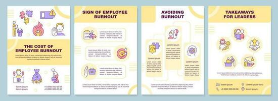 Employee burnout impact yellow brochure template. HR care. Leaflet design with linear icons. Editable 4 vector layouts for presentation, annual reports