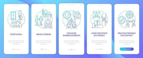 Networking tips for introverts blue gradient onboarding mobile app screen. Walkthrough 5 steps graphic instructions with linear concepts. UI, UX, GUI template vector