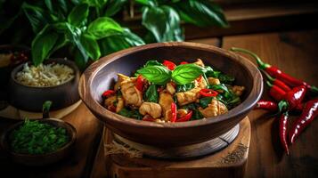 comida fotografía de picante tailandés albahaca pollo en plato a de madera mesa. generativo ai tecnología. foto