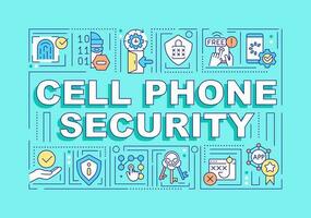 Cell phone security word concepts turquoise banner. Smartphone safety. Infographics with editable icons on color background. Isolated typography. Vector illustration with text