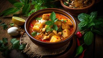 Food Photography of Chicken Massaman Curry in Bamboo or Ceramic Bowl, Fragment Herbs and Lemon Slice on Wooden Table. Technology. photo