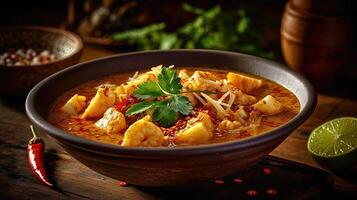 Food Photography of Chicken Massaman Curry in Bamboo or Ceramic Bowl on Wooden Table. Technology. photo