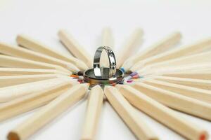 wooden color pencil wedding band photo