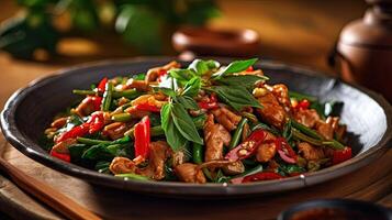 Food Photography of Spicy Thai Basil Chicken on Plate at Wooden Table. Technology. photo