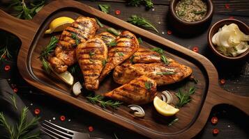 Top View of Juicy Grilled Chicken Tender Pieces Garnish Savory and Salad on Wooden Platter for Enjoying Dinner Celebration. . photo