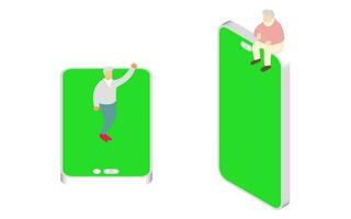 isometric vector illustration depicting elderly individuals using technology showcasing the future of innovative technological solutions concept