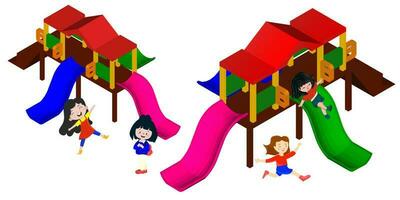 Kids playing playground slider cartoon style, vector art isolated on white. Isometric view