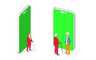 isometric vector illustration depicting elderly individuals using technology showcasing the future of innovative technological solutions concept