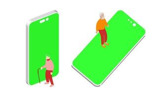 isometric vector illustration depicting elderly individuals using technology showcasing the future of innovative technological solutions concept