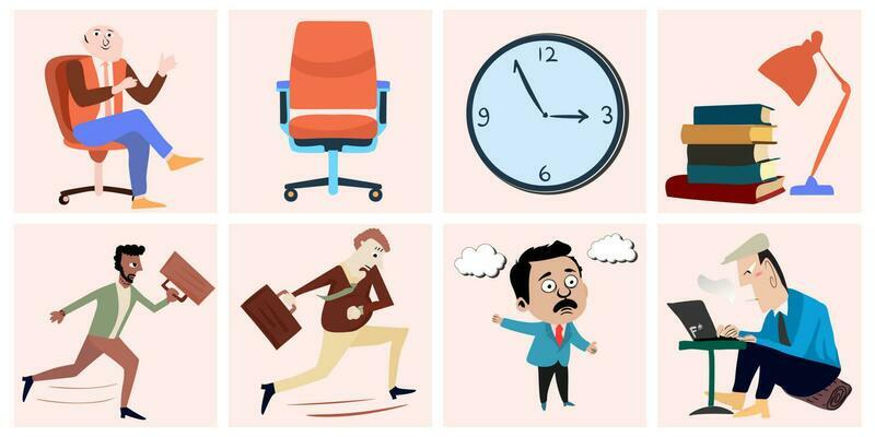 Different Positions and Actions Businessman Character Icons Set Retro Cartoon Design Vector Illustration
