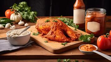 Highlights Image of Crispy Buffalo Chicken Nuggets with Salad and Dipping Sauce on Wooden Table. . photo