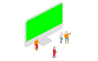 isometric vector illustration depicting elderly individuals using technology showcasing the future of innovative technological solutions concept