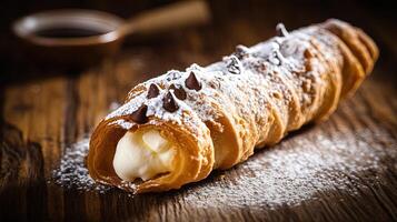 Italian Food Closeup Shots of Fresh Sugar and Chocolate Chips Topping Cannoli Serving Plate on a Rustic Table. . photo