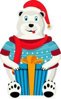 Cartoon character of a polar bear sitting with gift box. vector